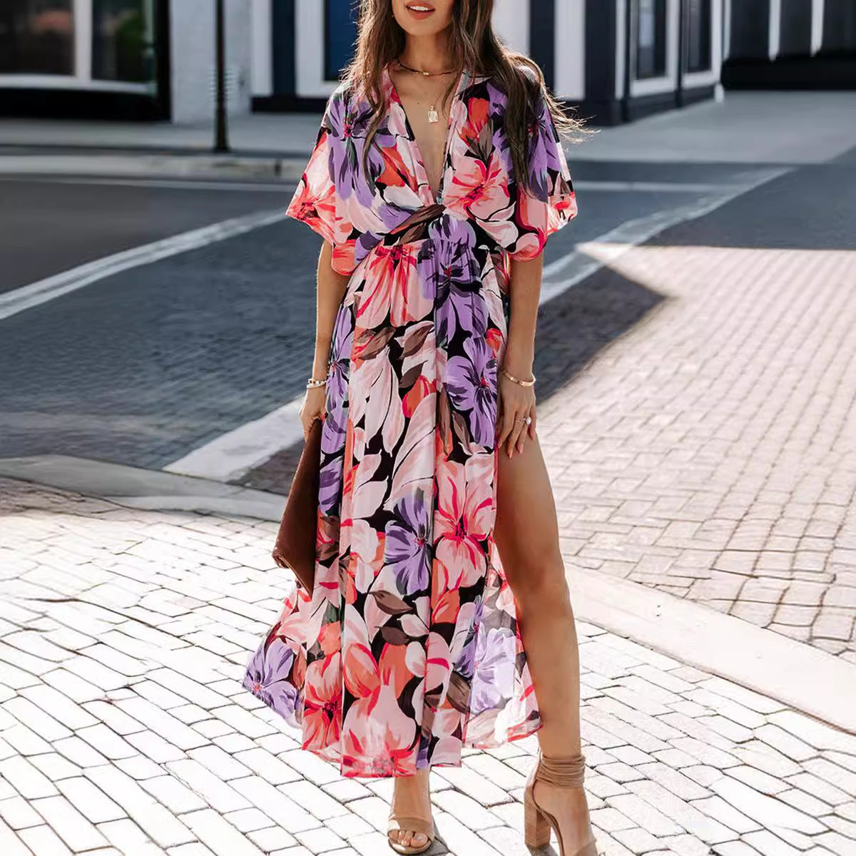 Women's Floral Print Split Thigh Long Dress, Boho Deep V Neck Batwing Sleeve A Line-Sundress,-Dresses for Women, Summer Dresses 2024, Back To School Clothes, Ladies Summer Clothes, Dresses for Women - Seldom Seen Styles