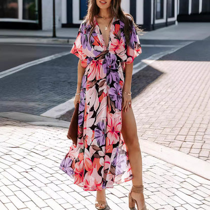 Women's Floral Print Split Thigh Long Dress, Boho Deep V Neck Batwing Sleeve A Line-Sundress,-Dresses for Women, Summer Dresses 2024, Back To School Clothes, Ladies Summer Clothes, Dresses for Women - Seldom Seen Styles
