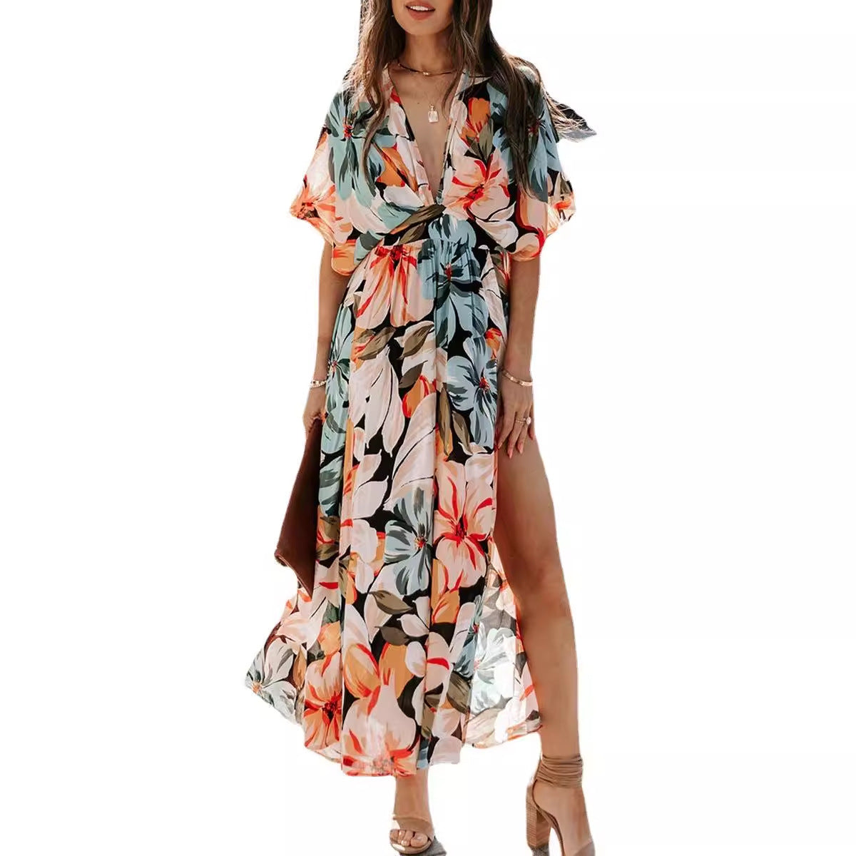 Women's Floral Print Split Thigh Long Dress, Boho Deep V Neck Batwing Sleeve A Line-Sundress,-Dresses for Women, Summer Dresses 2024, Back To School Clothes, Ladies Summer Clothes, Dresses for Women - Seldom Seen Styles