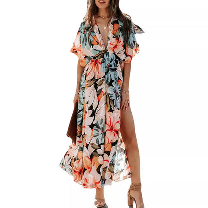 Women's Floral Print Split Thigh Long Dress, Boho Deep V Neck Batwing Sleeve A Line-Sundress,-Dresses for Women, Summer Dresses 2024, Back To School Clothes, Ladies Summer Clothes, Dresses for Women - Seldom Seen Styles