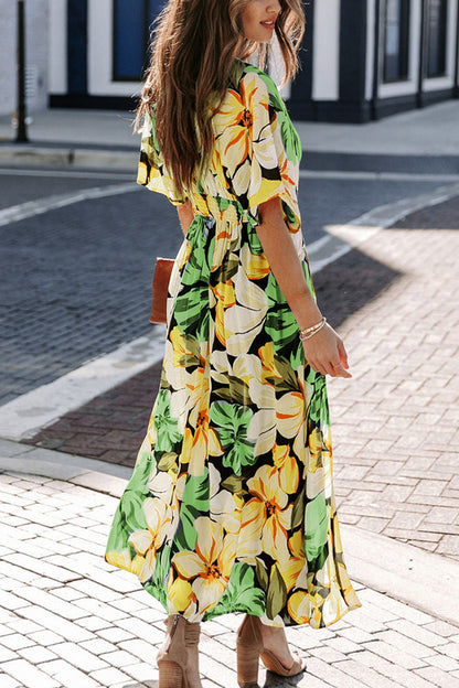 Women's Floral Print Split Thigh Long Dress, Boho Deep V Neck Batwing Sleeve A Line-Sundress,-Dresses for Women, Summer Dresses 2024, Back To School Clothes, Ladies Summer Clothes, Dresses for Women - Seldom Seen Styles