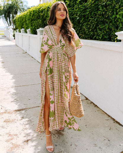 Women's Floral Print Split Thigh Long Dress, Boho Deep V Neck Batwing Sleeve A Line-Sundress,-Dresses for Women, Summer Dresses 2024, Back To School Clothes, Ladies Summer Clothes, Dresses for Women - Seldom Seen Styles