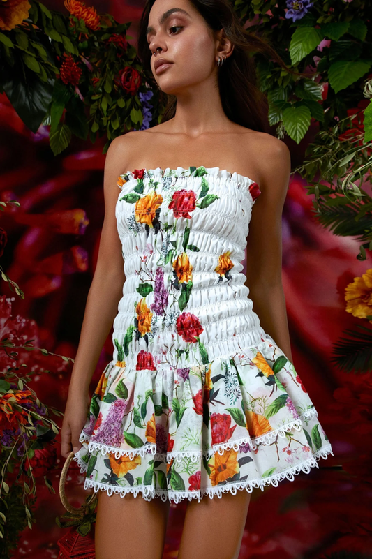 Women's Floral Print Strapless Mini Dress Smocked Bodice Tiered Ruffle Skirt Crochet Lace Trim 100% Cotton Summer Beach Boho Dress - Seldom Seen Styles
