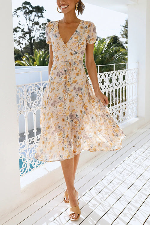 Women's Floral Print V Neck Midi Dress Short Sleeve Boho Summer Dress Elegant Flowy Vacation Sundress - Seldom Seen Styles