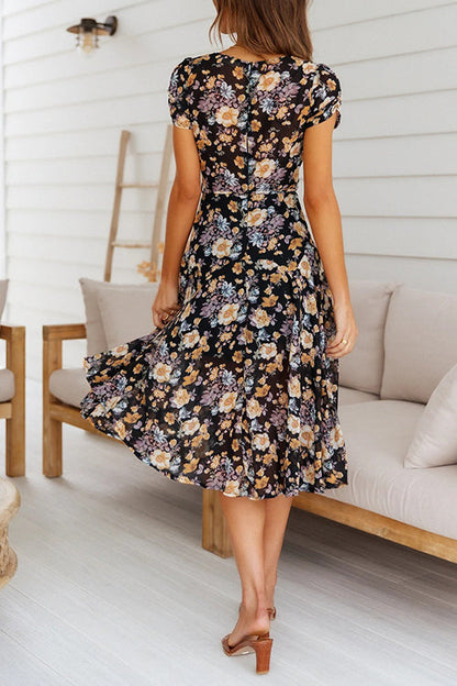 Geblümtes V-Ausschnitt Midikleid