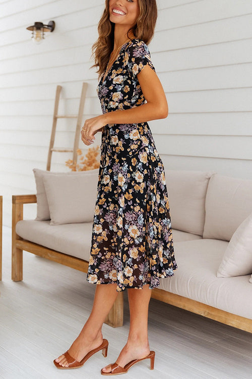 Women's Floral Print V Neck Midi Dress Short Sleeve Boho Summer Dress Elegant Flowy Vacation Sundress - Seldom Seen Styles