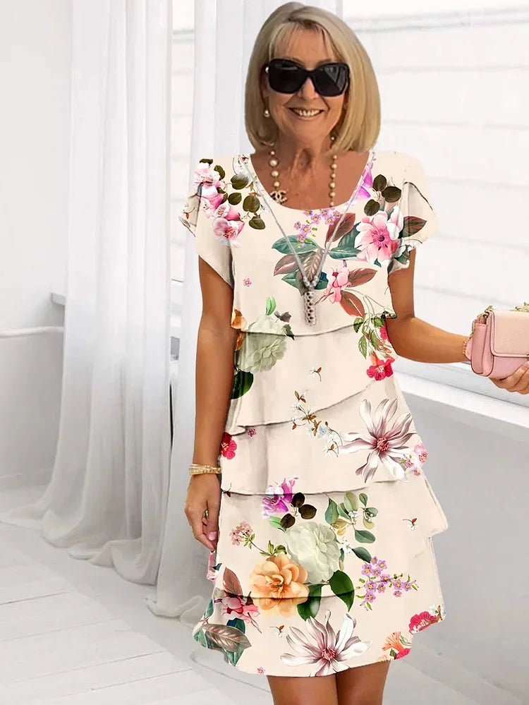 Women's Floral Ruffle Dress Layered Short Sleeve Casual Summer Elegant Mini Dress - Seldom Seen Styles