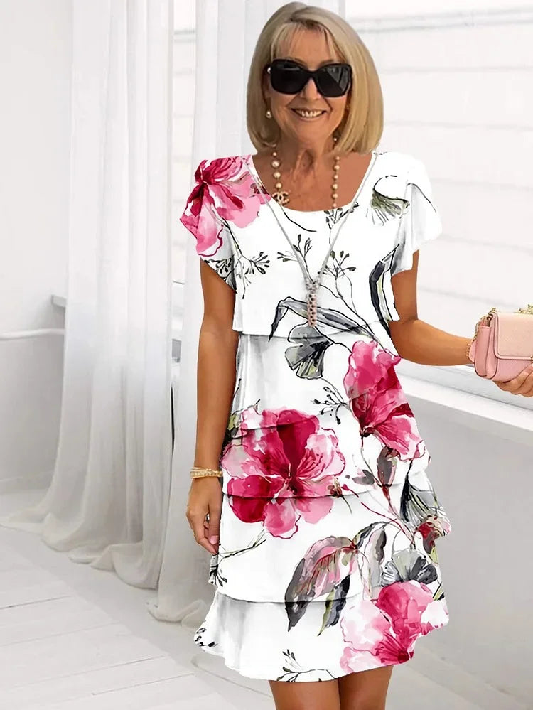 Women's Floral Ruffle Dress Layered Short Sleeve Casual Summer Elegant Mini Dress - Seldom Seen Styles
