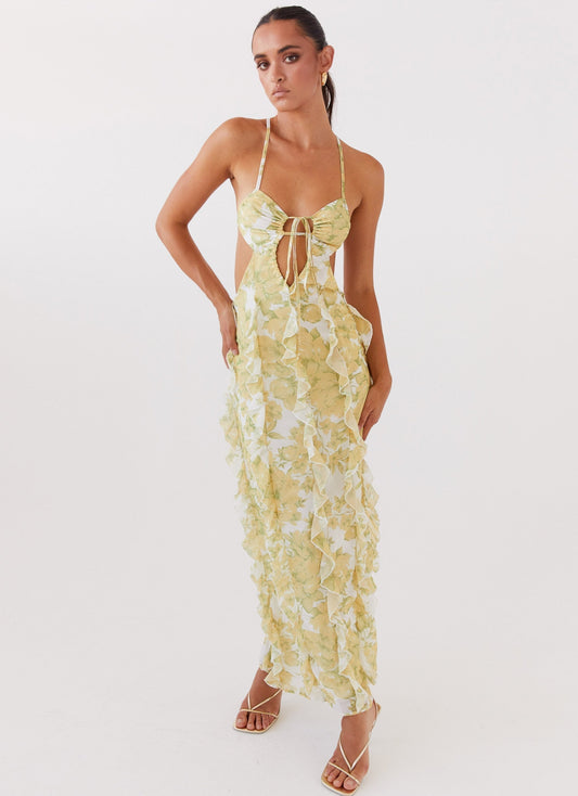 Women's Floral Ruffle Maxi Dress Backless Cut Out Summer Vacation Dress - Seldom Seen Styles