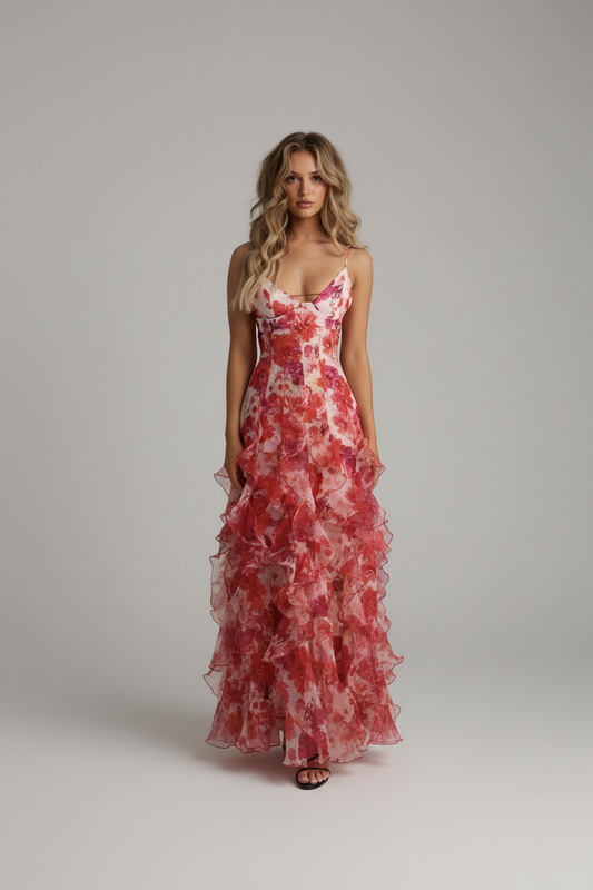 Women's Floral Ruffle Maxi Dress Spaghetti Strap Romantic Summer Evening Dress - Seldom Seen Styles