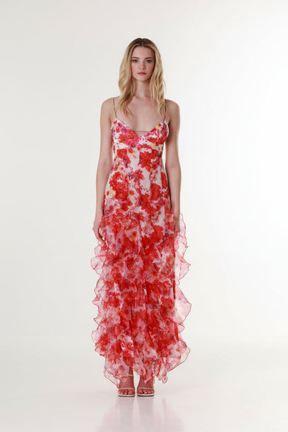Women's Floral Ruffle Maxi Dress Spaghetti Strap Romantic Summer Evening Dress
