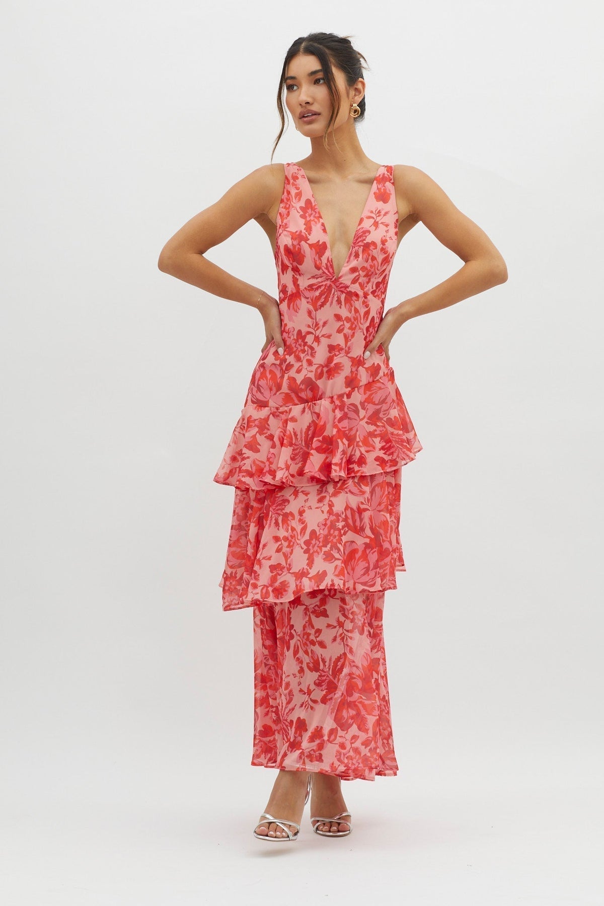 Women's Floral Tiered Maxi Dress Deep V Neck Ruffle Summer Party Dress - Seldom Seen Styles