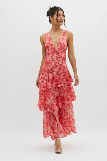 Women's Floral Tiered Maxi Dress Deep V Neck Ruffle Summer Party Dress