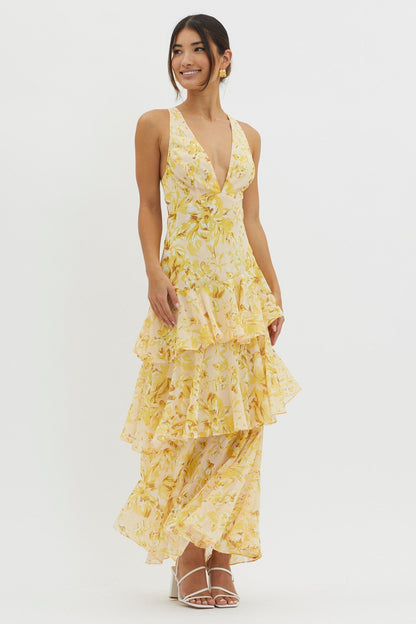 Women's Floral Tiered Maxi Dress Deep V Neck Ruffle Summer Party Dress