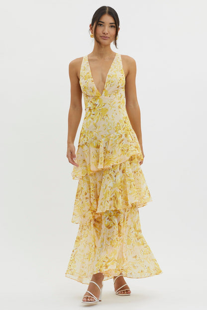 Women's Floral Tiered Maxi Dress Deep V Neck Ruffle Summer Party Dress