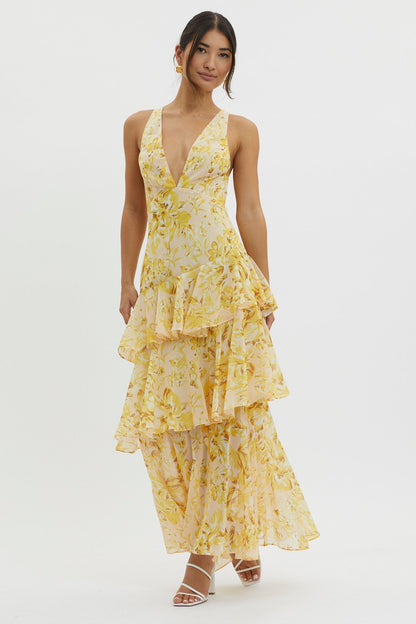 Women's Floral Tiered Maxi Dress Deep V Neck Ruffle Summer Party Dress