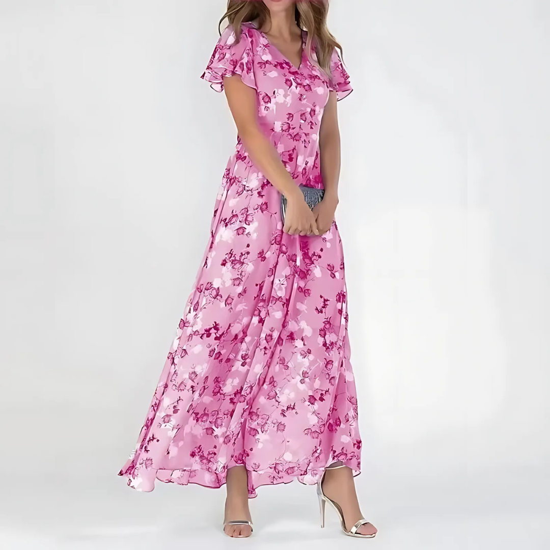 Women's Floral V-Neck Maxi Dress Flowing Tummy Flattering Summer Wedding Guest Vacation Dress - Seldom Seen Styles