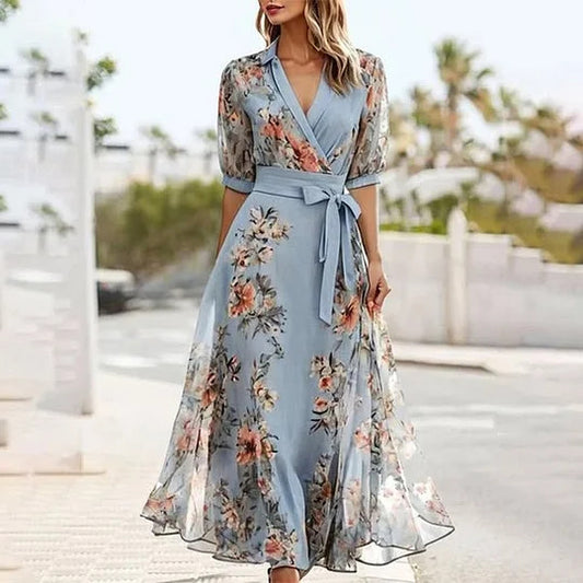Women's Floral Wrap Maxi Dress V Neck Chiffon Dress Elegant Wedding Guest Boho Summer Party Dress - Seldom Seen Styles
