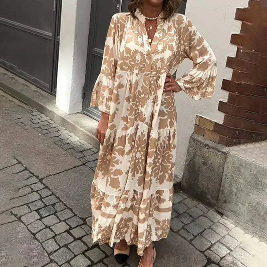 Women's Flowy Boho Printed Maxi Dress | V-Neck Long Sleeve Casual Dress - Seldom Seen Styles