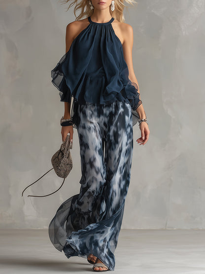 Women's Fluid Top Wide Leg Pants Two Piece Set Elegant Lightweight Summer Vacation Outfit
