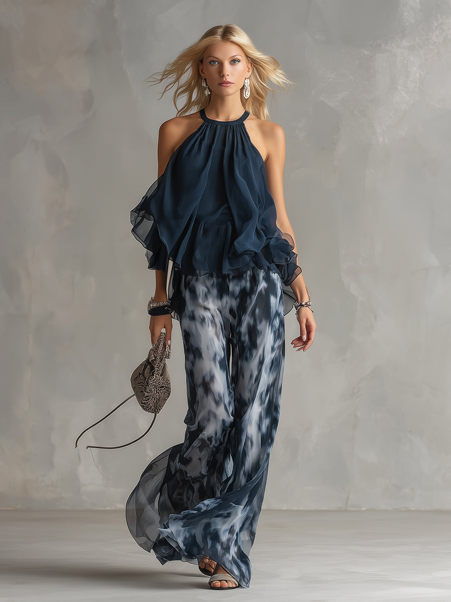 Women's Fluid Top Wide Leg Pants Two Piece Set Elegant Lightweight Summer Vacation Outfit - Seldom Seen Styles