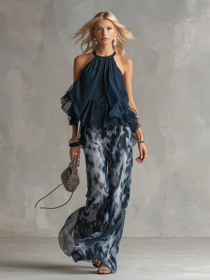 Women's Fluid Top Wide Leg Pants Two Piece Set Elegant Lightweight Summer Vacation Outfit