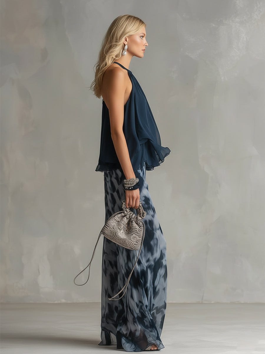 Women's Fluid Top Wide Leg Pants Two Piece Set Elegant Lightweight Summer Vacation Outfit - Seldom Seen Styles