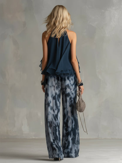 Women's Fluid Top Wide Leg Pants Two Piece Set Elegant Lightweight Summer Vacation Outfit