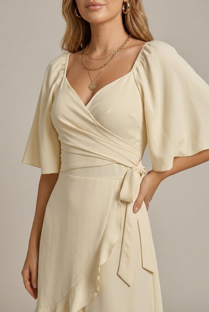 Women's Flutter Sleeve Wrap Mini Dress - V-Neck - Ruffle Hem - A-Line