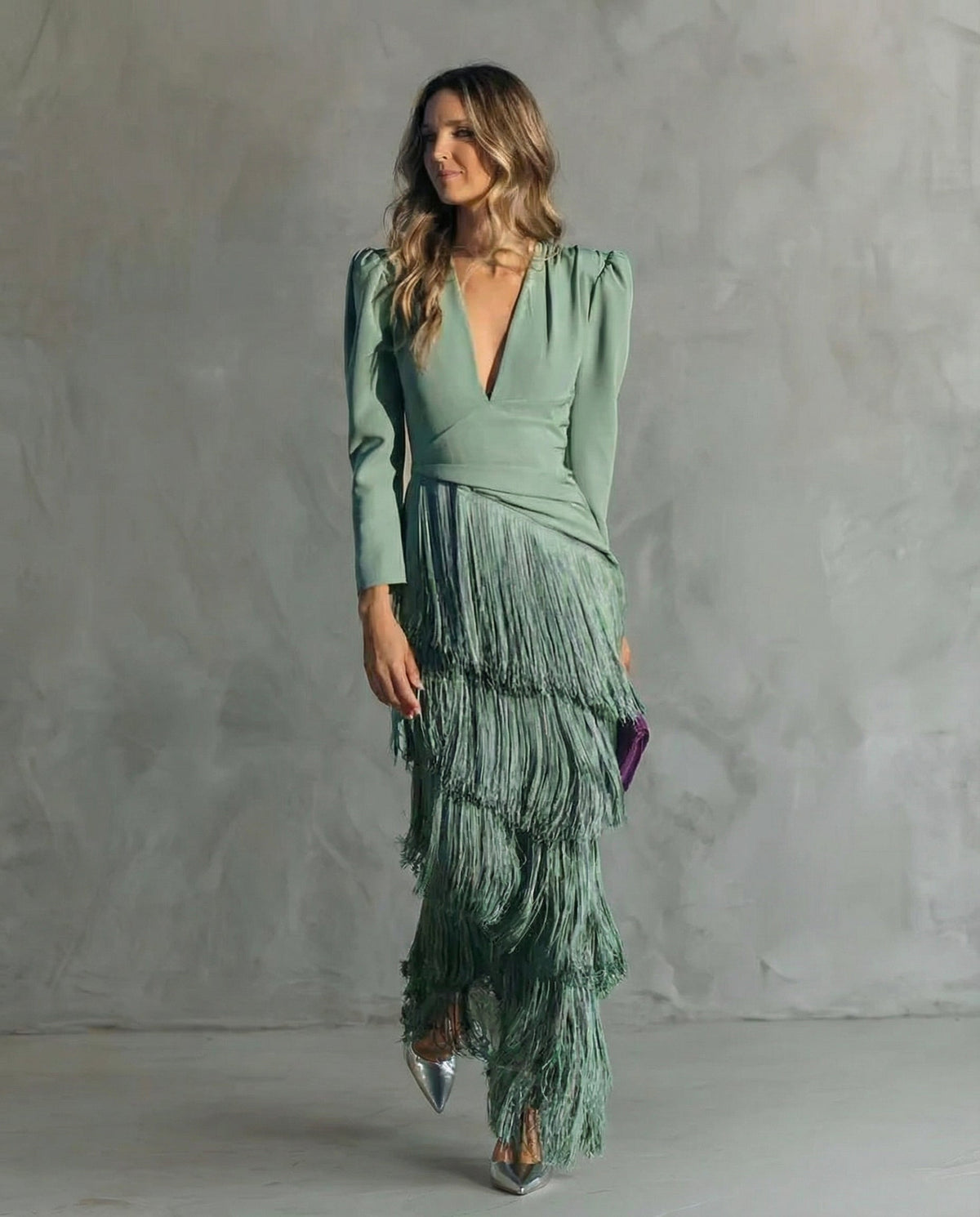 Women's Fringe Midi Dress Deep V Neck Long Sleeve Elegant Party Dress - Seldom Seen Styles