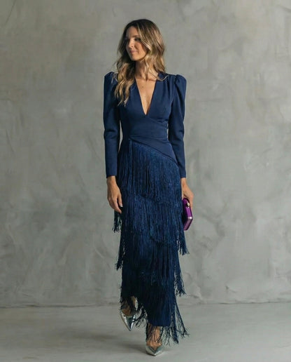 Clara™ | Robe midi élégante à manches frangées