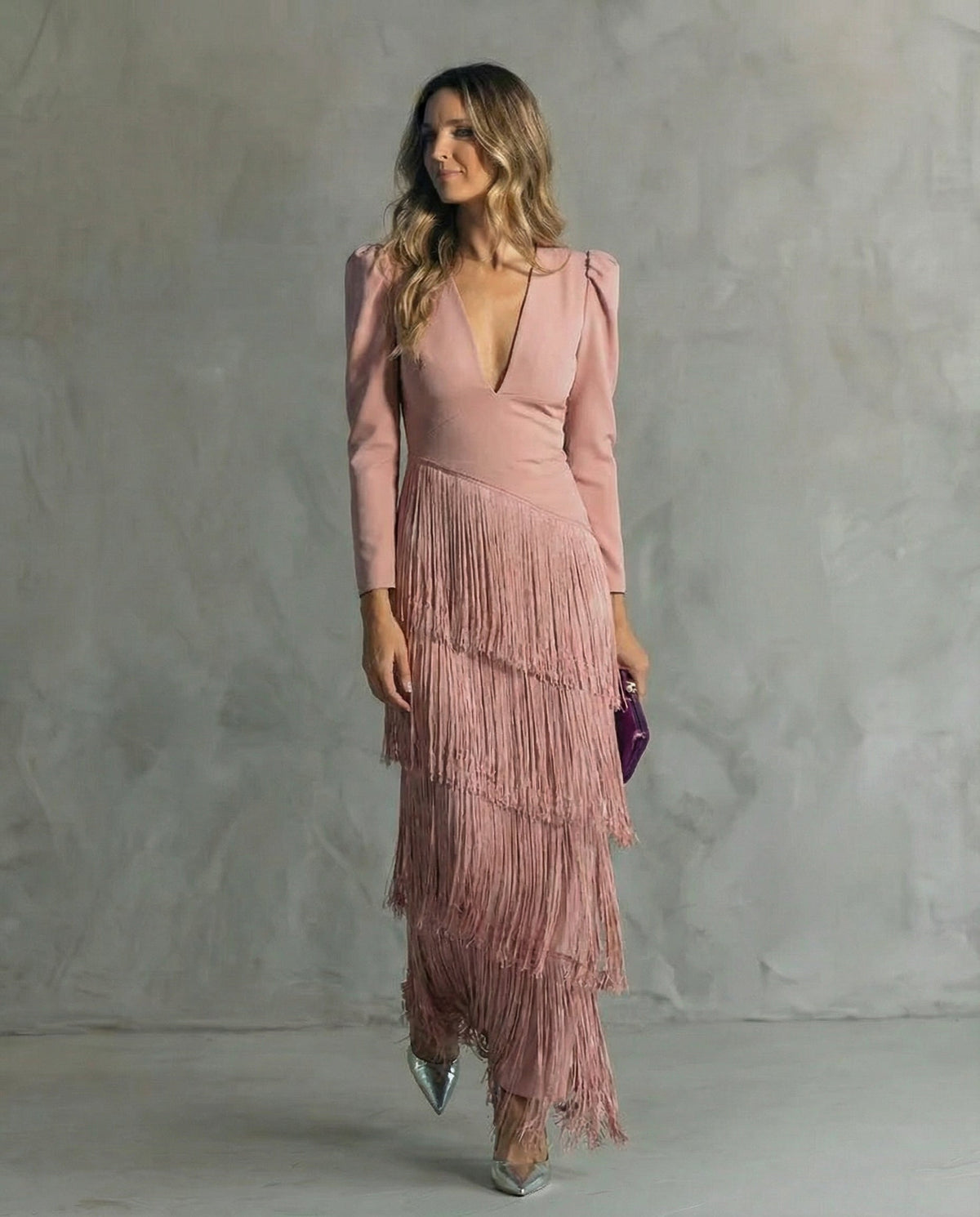 Women's Fringe Midi Dress Deep V Neck Long Sleeve Elegant Party Dress - Seldom Seen Styles