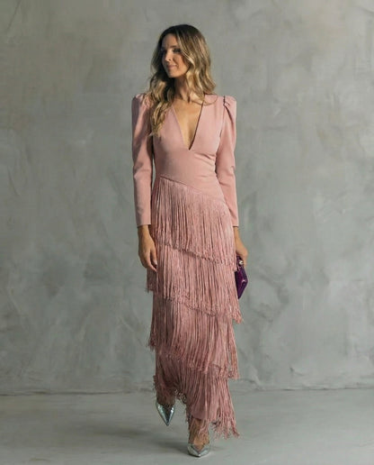 Clara™ | Robe midi élégante à manches frangées