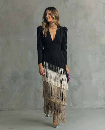 Clara™ | Robe midi élégante à manches frangées