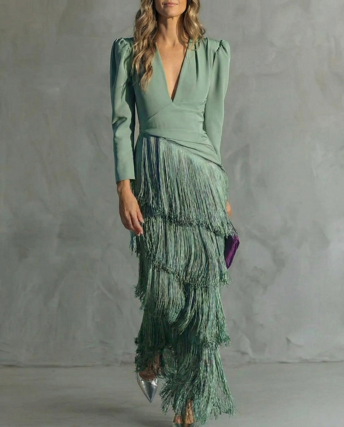 Women's Fringe Midi Dress Deep V Neck Long Sleeve Elegant Party Dress - Seldom Seen Styles