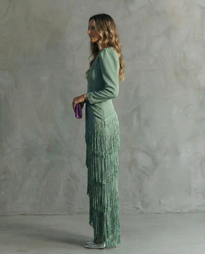 Clara™ | Robe midi élégante à manches frangées