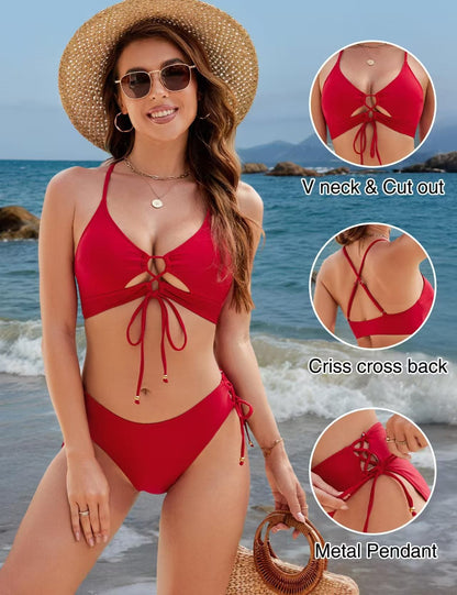 Women's Front Lace-Up Tie-Side Bikini Set Two Piece Swimsuit Sexy Beach Vacation Summer Swimwear