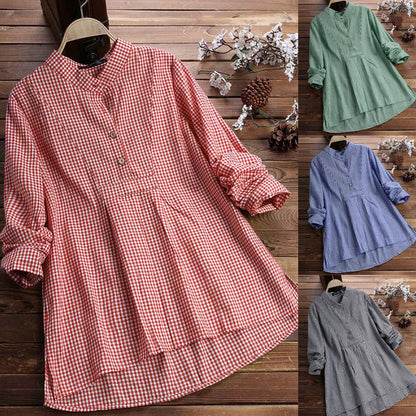 Women's Gingham Plaid Tunic Blouse Stand Collar Long Sleeve Shirt Casual Loose Fit Cotton Blend Top