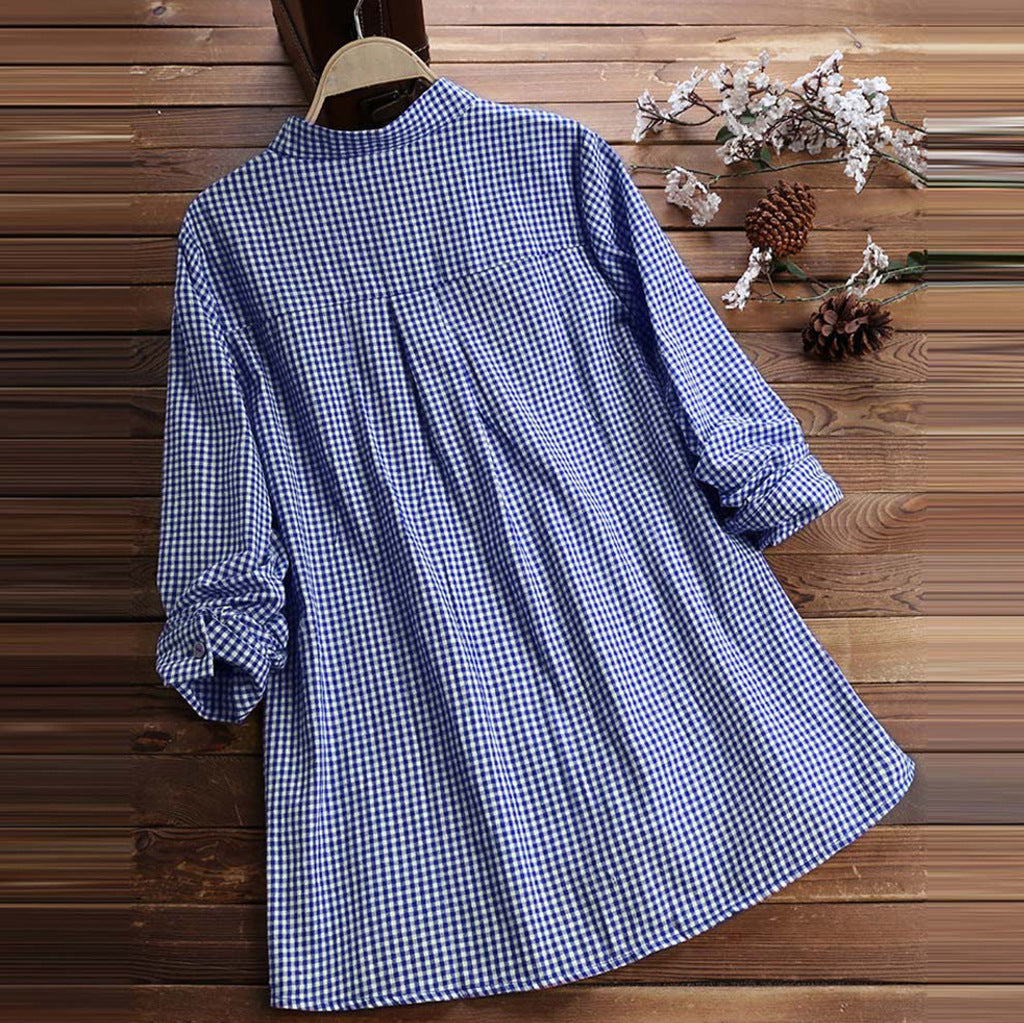 Women's Gingham Plaid Tunic Blouse Stand Collar Long Sleeve Shirt Casual Loose Fit Cotton Blend Top