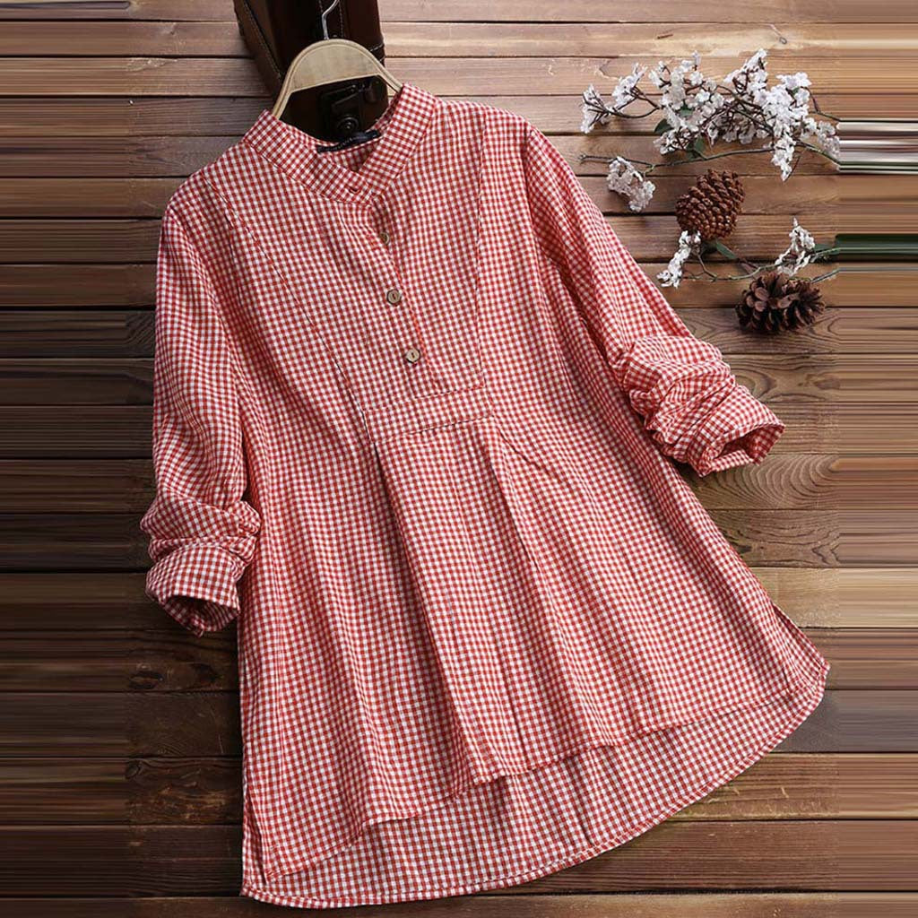 Women's Gingham Plaid Tunic Blouse Stand Collar Long Sleeve Shirt Casual Loose Fit Cotton Blend Top