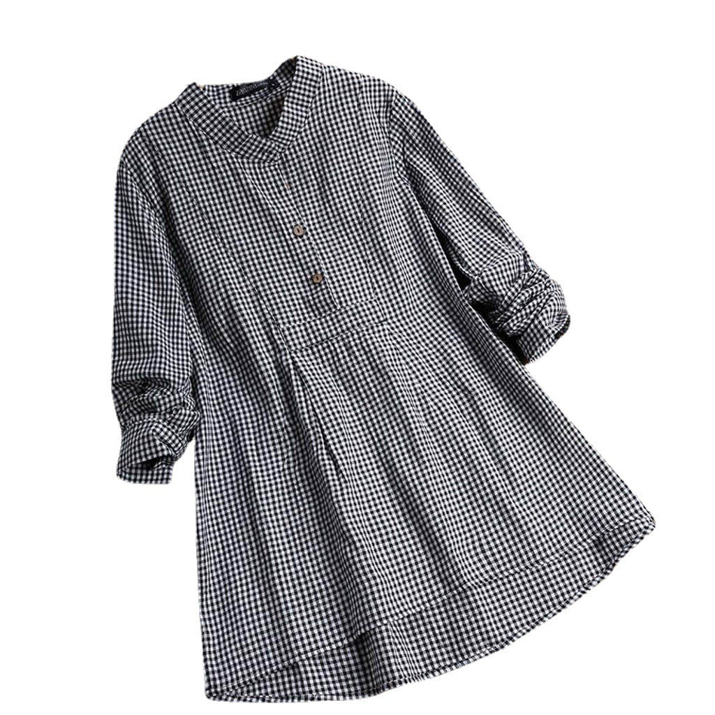 Women's Gingham Plaid Tunic Blouse Stand Collar Long Sleeve Shirt Casual Loose Fit Cotton Blend Top