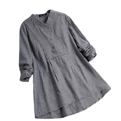 Women's Gingham Plaid Tunic Blouse Stand Collar Long Sleeve Shirt Casual Loose Fit Cotton Blend Top