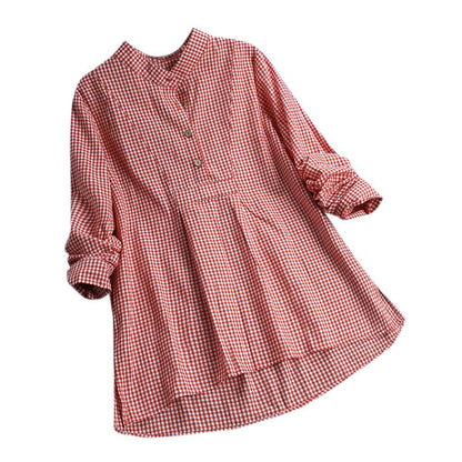 Women's Gingham Plaid Tunic Blouse Stand Collar Long Sleeve Shirt Casual Loose Fit Cotton Blend Top