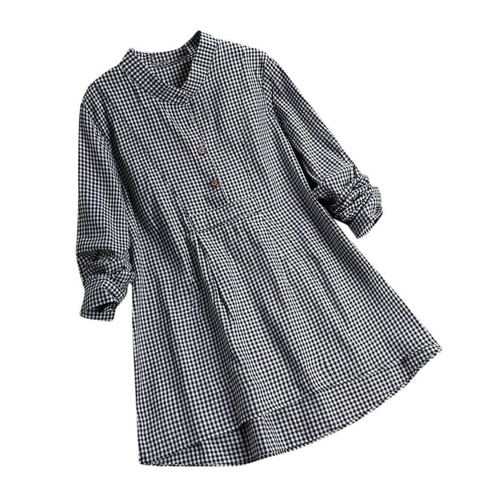 Women's Gingham Plaid Tunic Blouse Stand Collar Long Sleeve Shirt Casual Loose Fit Cotton Blend Top