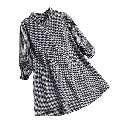 Women's Gingham Plaid Tunic Blouse Stand Collar Long Sleeve Shirt Casual Loose Fit Cotton Blend Top