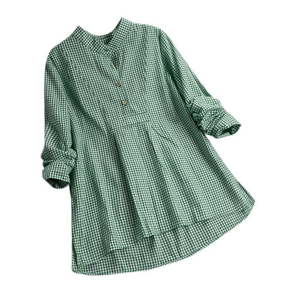 Women's Gingham Plaid Tunic Blouse Stand Collar Long Sleeve Shirt Casual Loose Fit Cotton Blend Top
