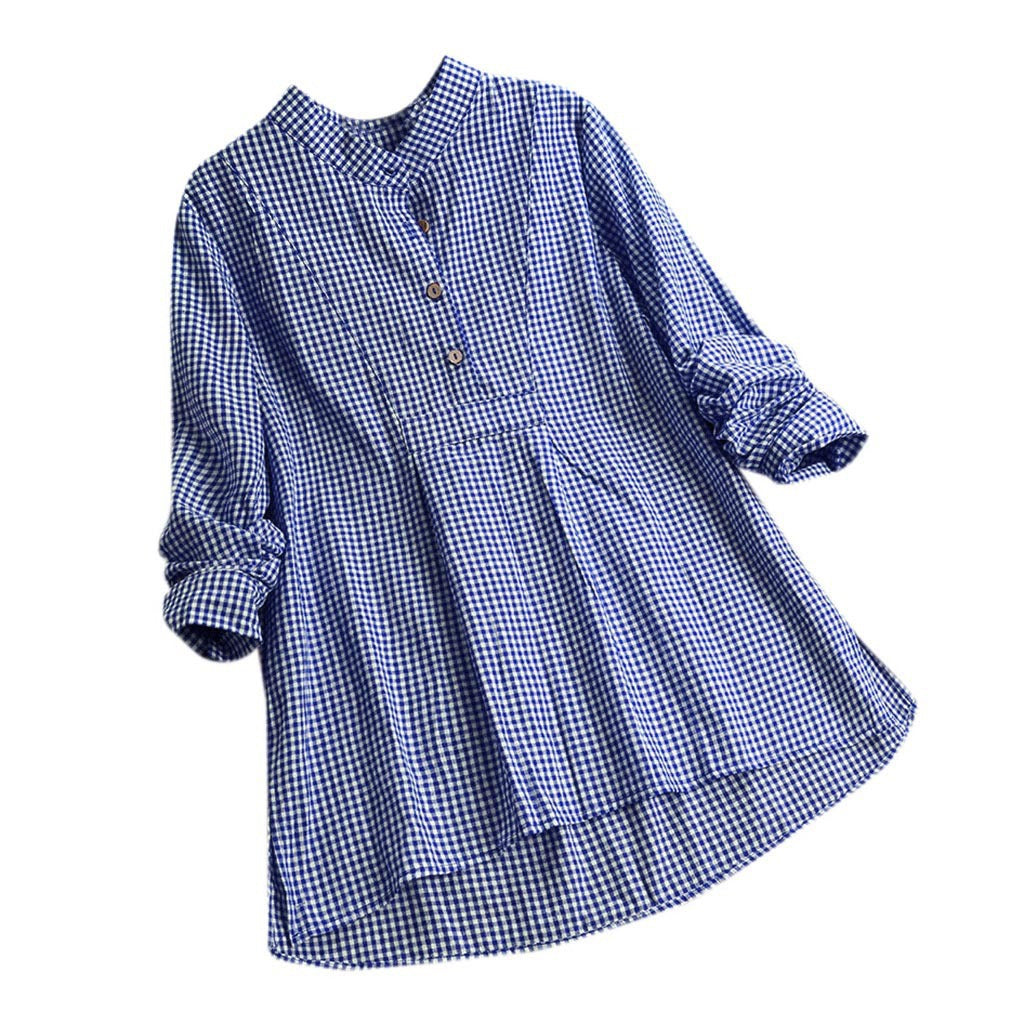 Women's Gingham Plaid Tunic Blouse Stand Collar Long Sleeve Shirt Casual Loose Fit Cotton Blend Top