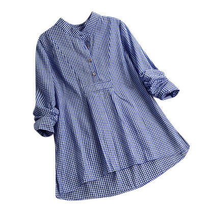 Women's Gingham Plaid Tunic Blouse Stand Collar Long Sleeve Shirt Casual Loose Fit Cotton Blend Top