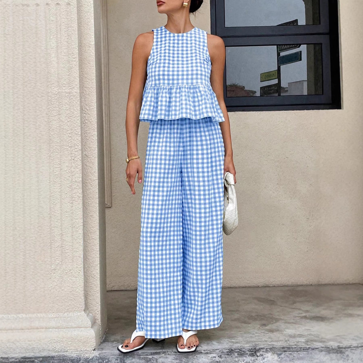 Women's Gingham Sleeveless Peplum Top and Wide Leg Pants - 2 Piece Set - Seldom Seen Styles
