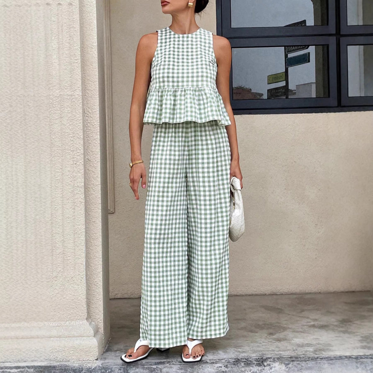 Women's Gingham Sleeveless Peplum Top and Wide Leg Pants - 2 Piece Set - Seldom Seen Styles